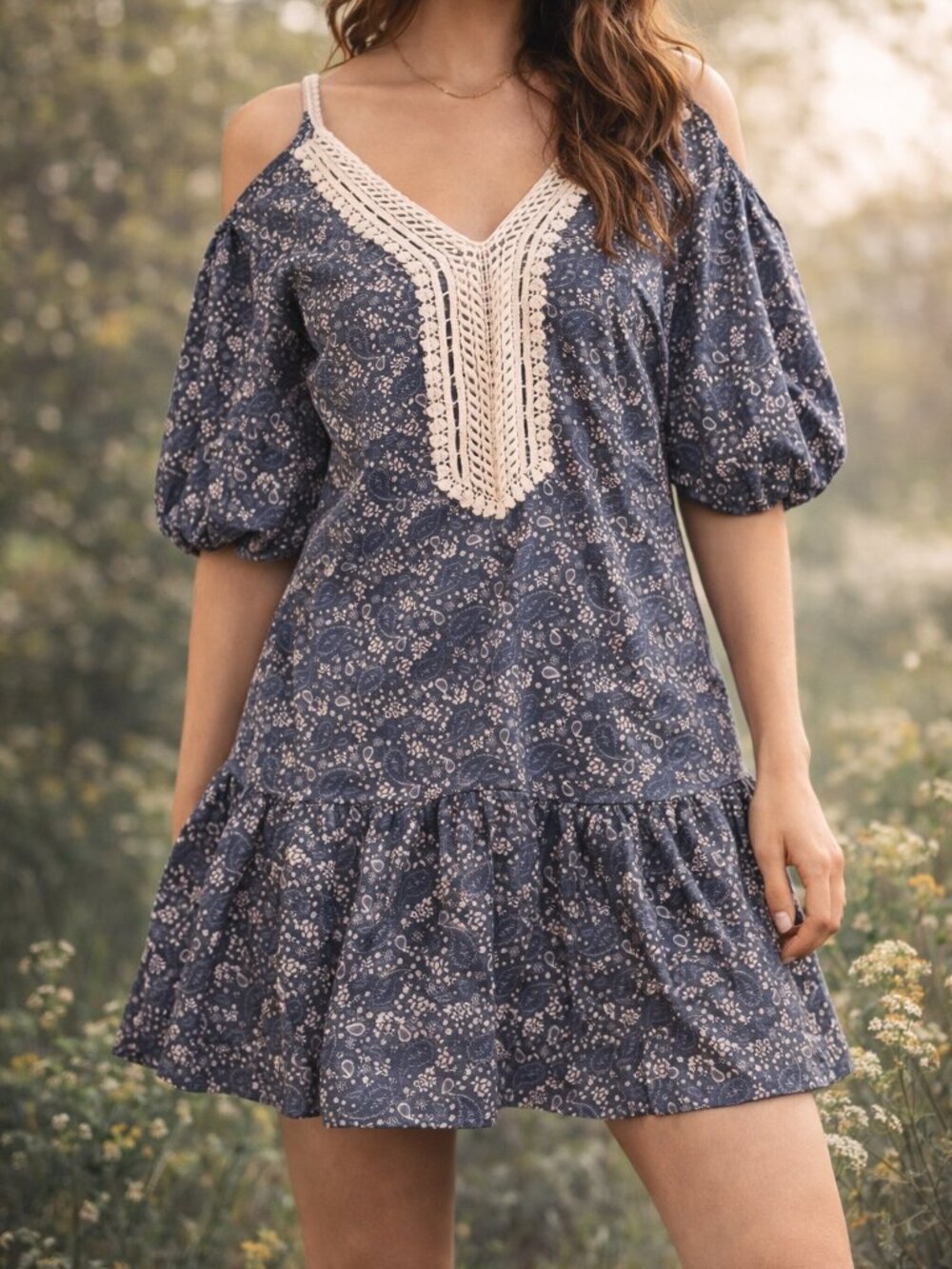 Boho Peasant Mini Dress Blue Paisley Crochet Lace Milkmaid Cottagecore